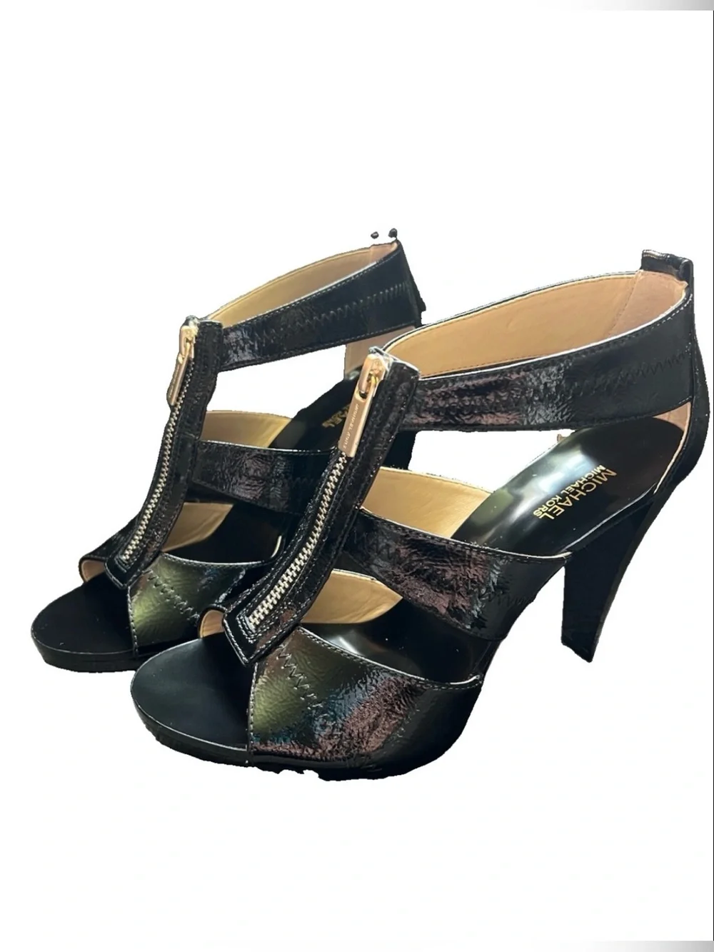 Michael Kors Berkeley T Strap Black Patent Leather High Heel Sandals Size 7.5M